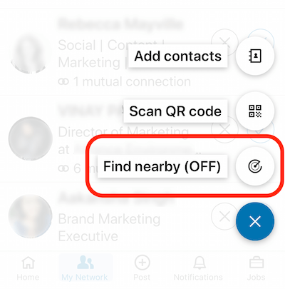 Find Nearby option on LinkedIn mobile app