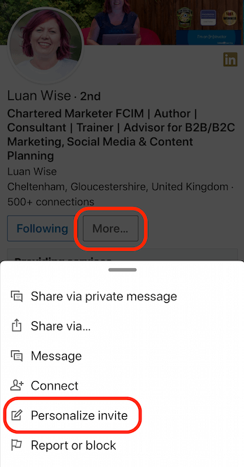 More button on LinkedIn profile and Personalize Invite option in pop-up menu