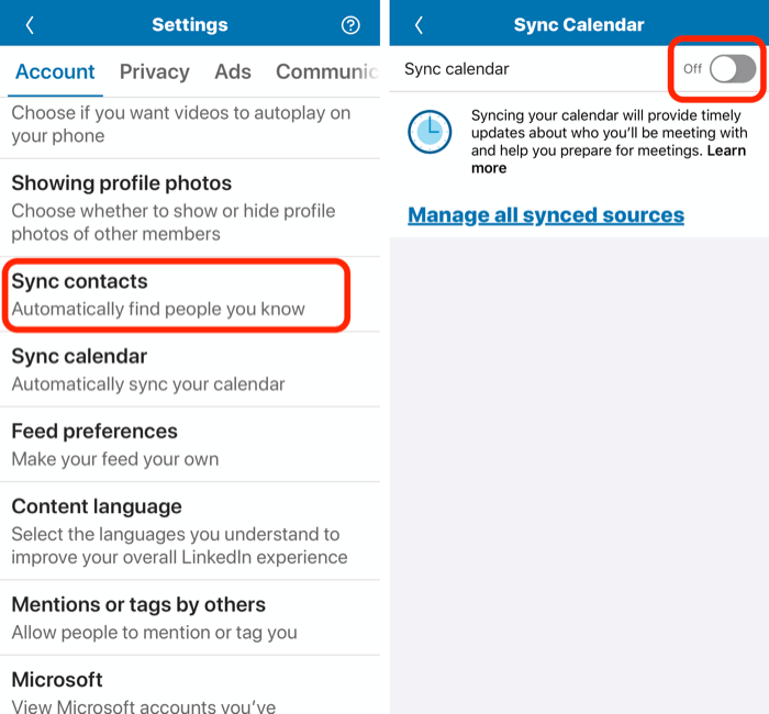 Sync Calendar option in LinkedIn profile settings
