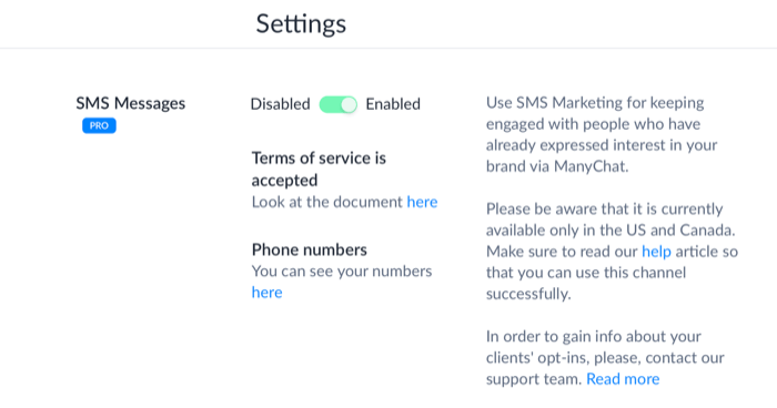 ManyChat SMS Messages option in settings