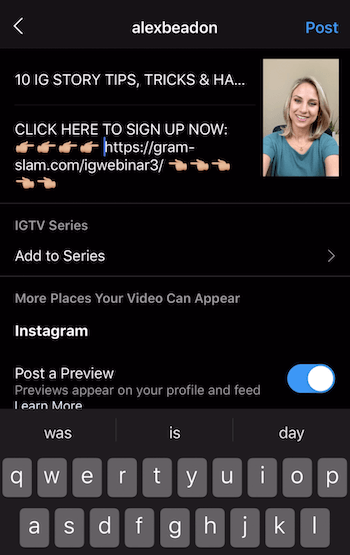 IGTV post creation screen