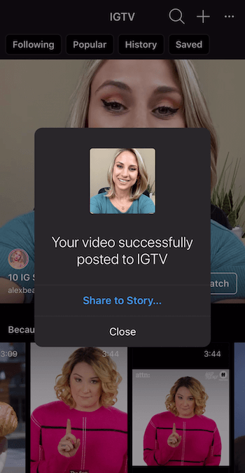 prompt to share IGTV video to Instagram Stories