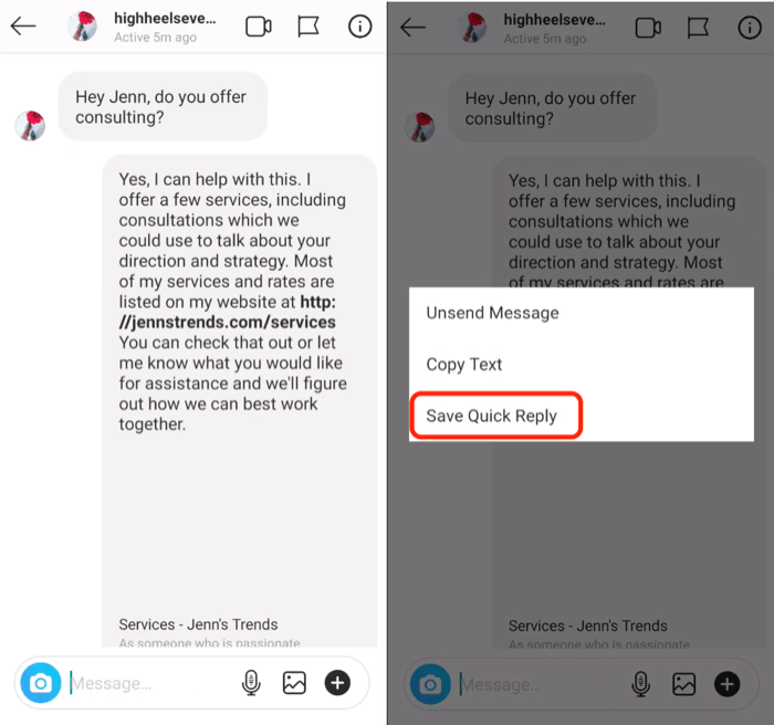 Save Quick Reply option to save Instagram direct message