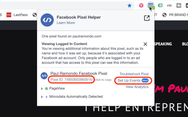 Set Up Events option in Facebook pixel helper