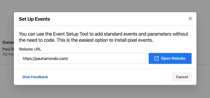 Set Up Events window in Facebook Ads Manager