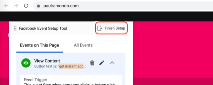 Finish Setup option in Facebook Event Setup Tool