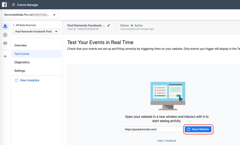 Open Website button in Facebook Events Manager