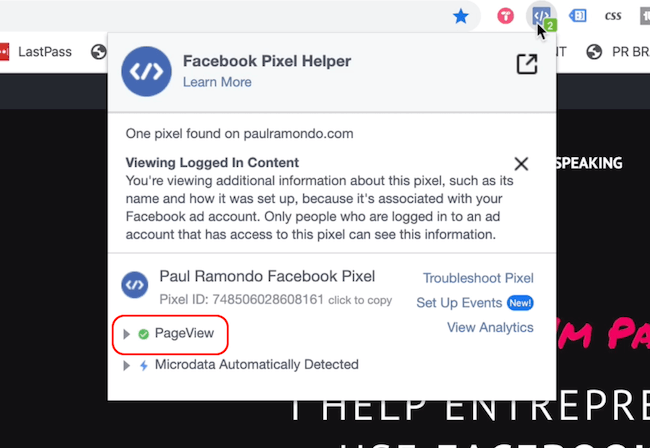 Facebook Pixel Helper showing Page View event