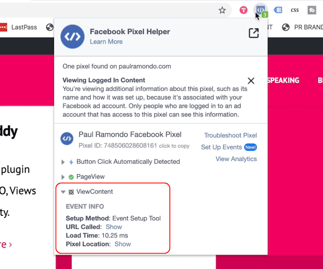 Facebook Pixel Helper showing Page View and View Content events