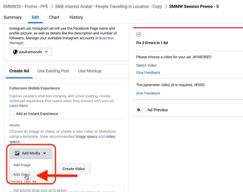 Add Video option in Facebook Ads Manager