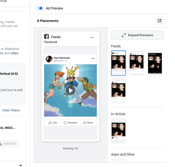 ad previews for multiple Facebook and Instagram ad placements