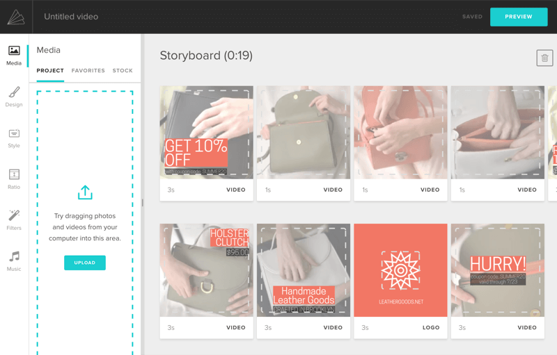 Animoto storyboard screen