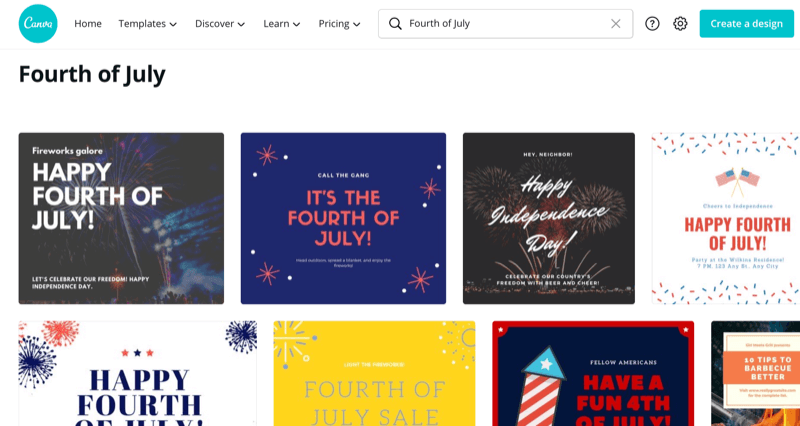 Canva search for Fourth of July templates