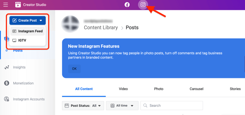 Instagram post options in Creator Studio