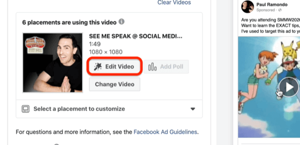 Option Video bearbeiten für Facebook-Videoanzeige
