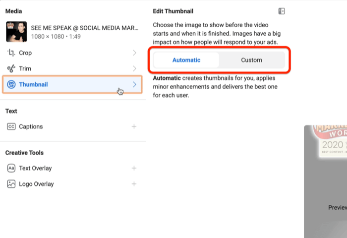 select custom thumbnail for Facebook video ad