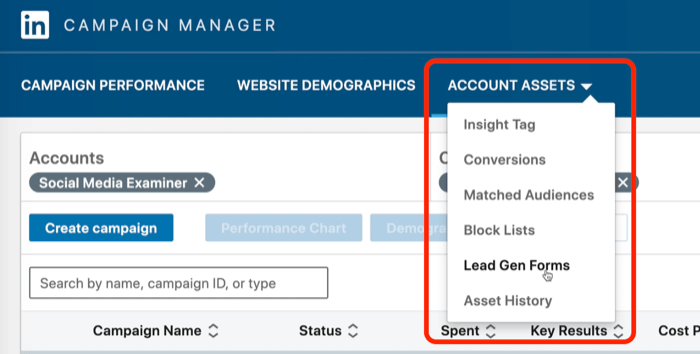 screenshot of Lead Gen Forms selected in LinkedIn Campaign Manager