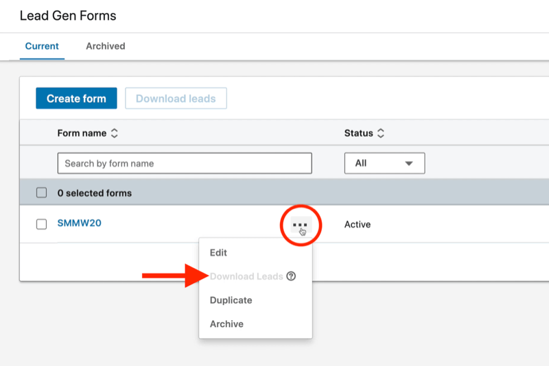 screenshot of ... drop-down menu options in Lead Gen Forms section of LinkedIn Campaign Manager