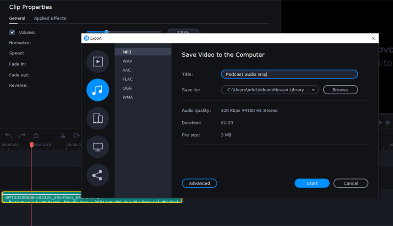 export audio as MP3 in Movavi