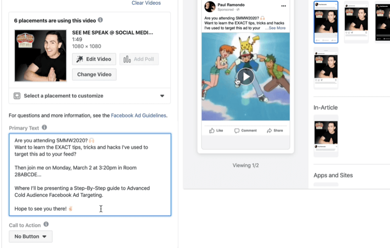 add primary text for Facebook video ad