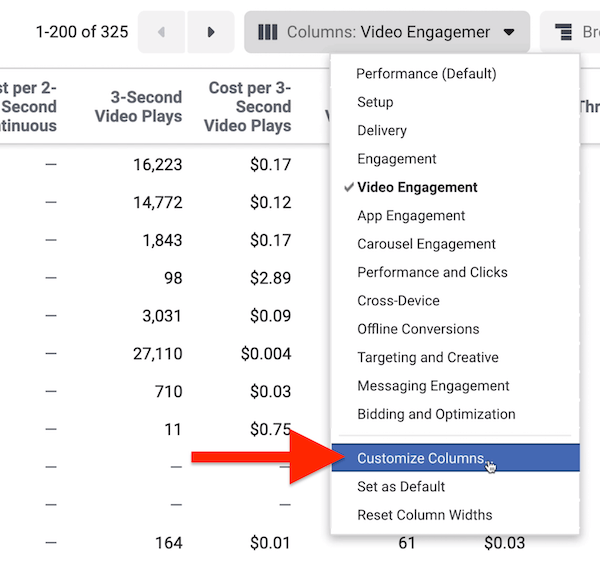 Customize Columns option in Facebook Ads Manager