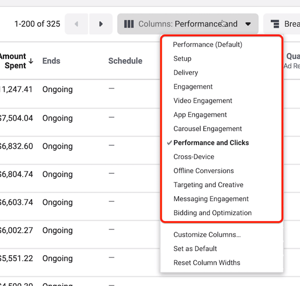 Columns drop-down menu in Facebook Ads Manager