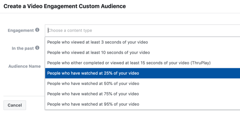 dialog box to create a Facebook video engagement custom audience