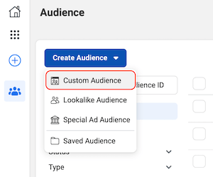 Custom Audience option in Facebook Audiences dashboard