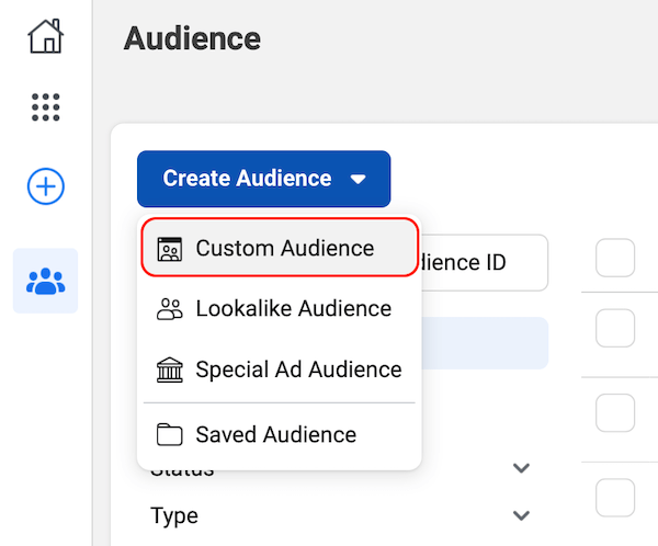 Facebook Audiences仪表板中的“自定义受众”选项