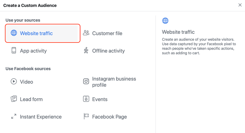Website Traffic selected as custom audience source