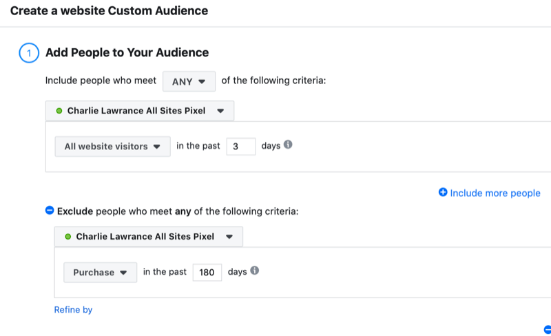 Facebook website custom audience setup for reminder ad