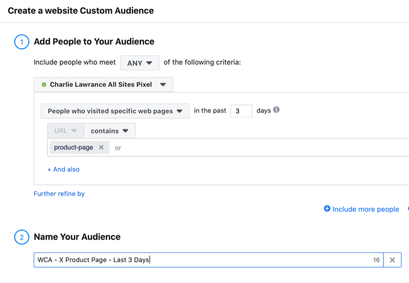 Facebook website custom audience setup for reminder ad