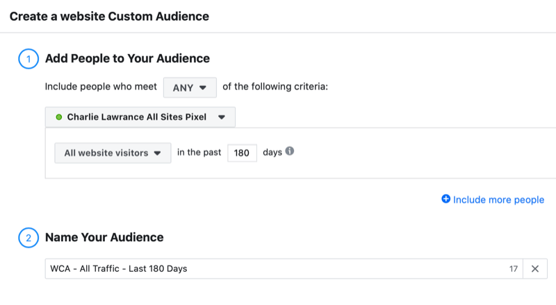 Facebook website custom audience setup for testimonial ad