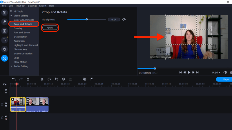 adjust selection handles to create square video in Movavi