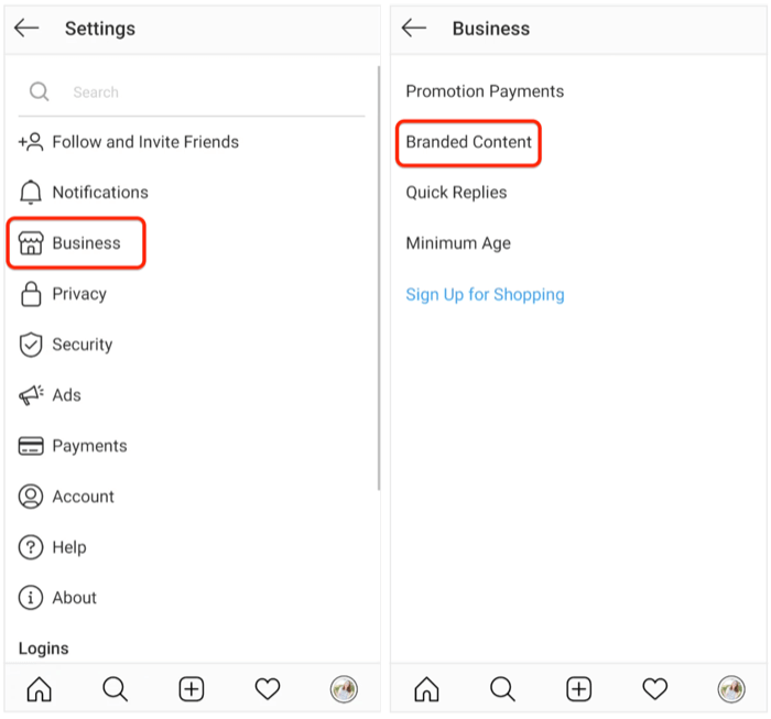 access Instagram branded content settings