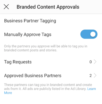 Branded Content Approvals screen