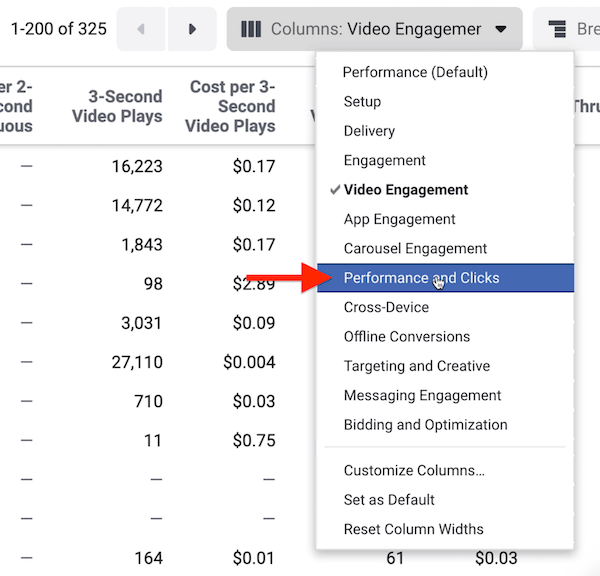 Performance and Clicks report data in Facebook Ads Manager