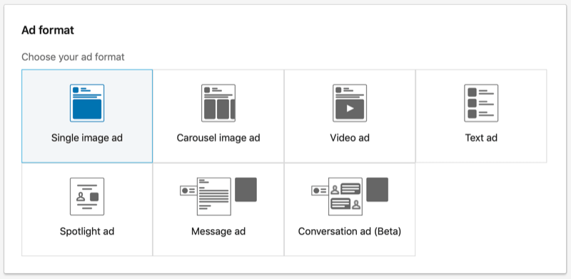 LinkedIn Single Image ad format option selected