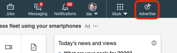 screenshot of Advertise button on LinkedIn