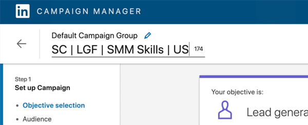 screenshot of LinkedIn campaign name edited to say 'SC | LGF | SMM Skills | US'