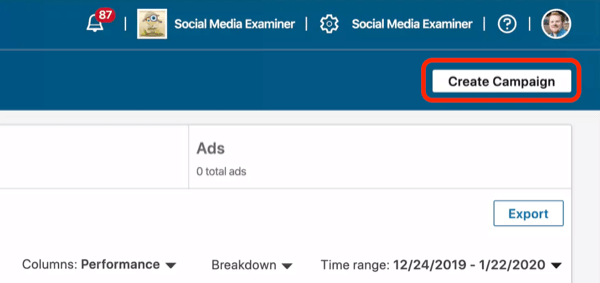 screenshot of Create Campaign button in LinkedIn Campaign Manager