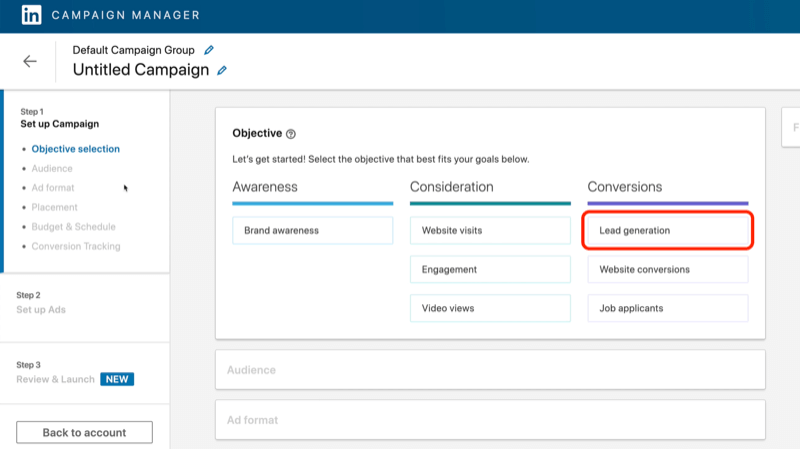 screenshot of LinkedIn Lead Generation objective selected during ad setup
