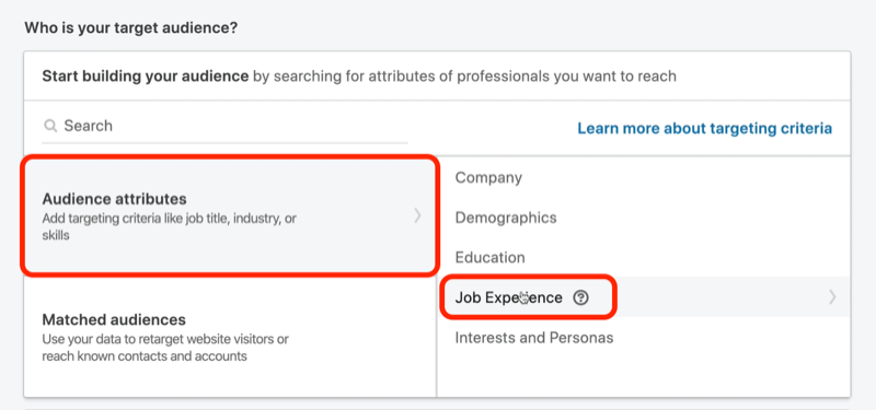 screenshot of Who Is Your Audience? section in LinkedIn campaign setup