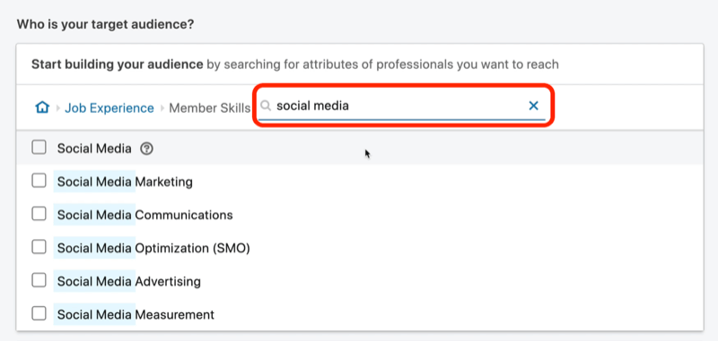 screenshot of search results for 'social media' member skills on LinkedIn