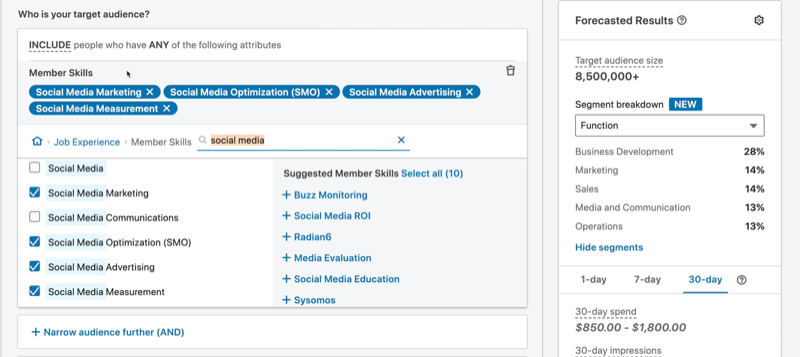 screenshot of estimated audience size of 8.5 million for LinkedIn campaign based on targeting parameters