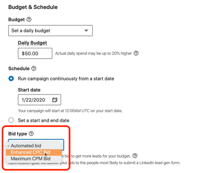 screenshot of Enhanced CPC Bid option selected for LinkedIn campaign