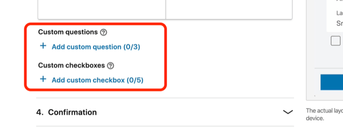 screenshot of Custom Questions and Custom Checkboxes fields for lead gen form in LinkedIn ad setup