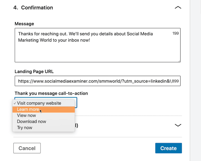 screenshot of Learn More selected as Thank You Message Call-to-Action for LinkedIn ad