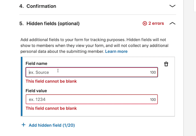 screenshot of Hidden Fields options for LinkedIn ad
