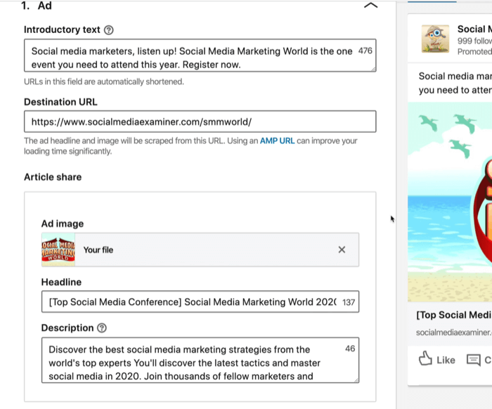 screenshot of introductory text, destination URL, headline, and description fields for LinkedIn ad
